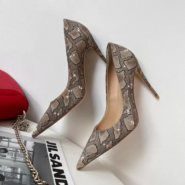 imageFSJ Women Classic Pointed Toe Snakeskin High Heels Pumps Slip on Stiletto Sparkling Animal Printing Sexy Lady Club Party Evening Dress Shoes Size 415 USSnakeskin Brown