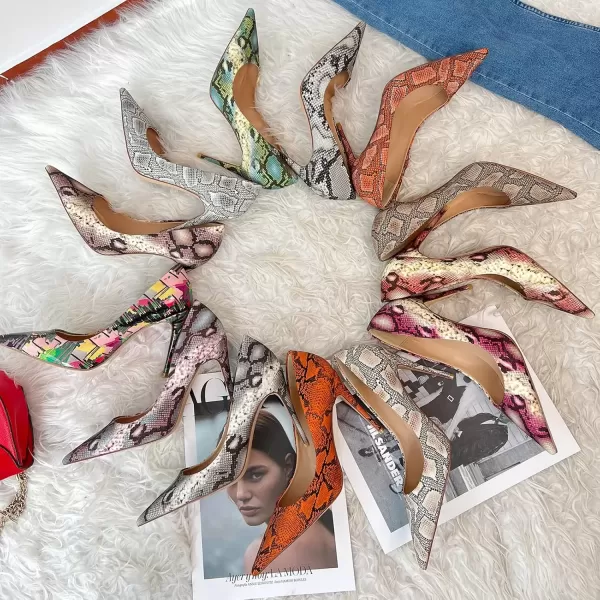 imageFSJ Women Classic Pointed Toe Snakeskin High Heels Pumps Slip on Stiletto Sparkling Animal Printing Sexy Lady Club Party Evening Dress Shoes Size 415 USSnakeskin Orange 1
