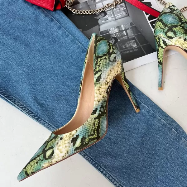 imageFSJ Women Classic Pointed Toe Snakeskin High Heels Pumps Slip on Stiletto Sparkling Animal Printing Sexy Lady Club Party Evening Dress Shoes Size 415 USSnakeskin Green