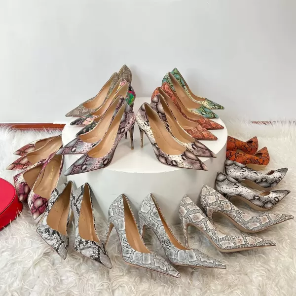 imageFSJ Women Classic Pointed Toe Snakeskin High Heels Pumps Slip on Stiletto Sparkling Animal Printing Sexy Lady Club Party Evening Dress Shoes Size 415 USSnakeskin Grey