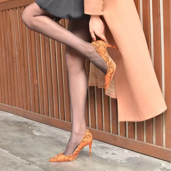 imageFSJ Women Classic Pointed Toe Snakeskin High Heels Pumps Slip on Stiletto Sparkling Animal Printing Sexy Lady Club Party Evening Dress Shoes Size 415 USSnakeskin Orange