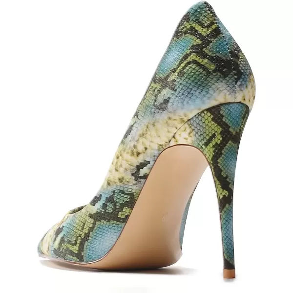 imageFSJ Women Classic Pointed Toe Snakeskin High Heels Pumps Slip on Stiletto Sparkling Animal Printing Sexy Lady Club Party Evening Dress Shoes Size 415 USSnakeskin Green