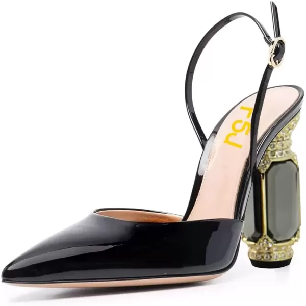 imageFSJ Women Crystal High Heels Slingback Clear Pumps Pointed Closed Toe Straps Chic Sandals Wedding Party Dress Shoes Size 415 USBlack Leather