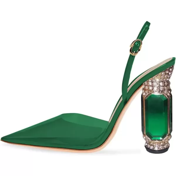 imageFSJ Women Crystal High Heels Slingback Clear Pumps Pointed Closed Toe Straps Chic Sandals Wedding Party Dress Shoes Size 415 USForest Green