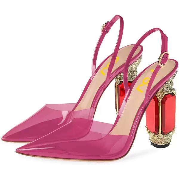imageFSJ Women Crystal High Heels Slingback Clear Pumps Pointed Closed Toe Straps Chic Sandals Wedding Party Dress Shoes Size 415 USFushcia