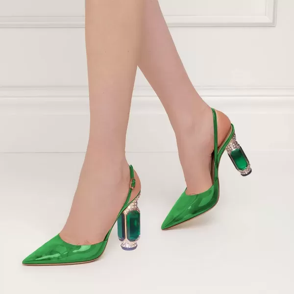 imageFSJ Women Crystal High Heels Slingback Clear Pumps Pointed Closed Toe Straps Chic Sandals Wedding Party Dress Shoes Size 415 USGreen