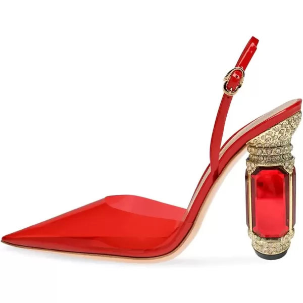 imageFSJ Women Crystal High Heels Slingback Clear Pumps Pointed Closed Toe Straps Chic Sandals Wedding Party Dress Shoes Size 415 USRed