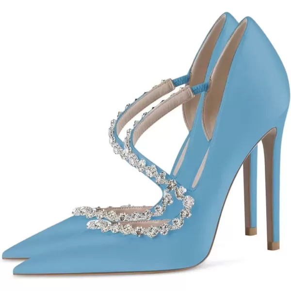 imageFSJ Women Sexy Rhinestone Cross Strap Dress High Heel Rivets Closed Pointed Toe Stiletto Sandals Satin DOrsay Slip On Wedding Party Pumps Size 415 USBaby Blue