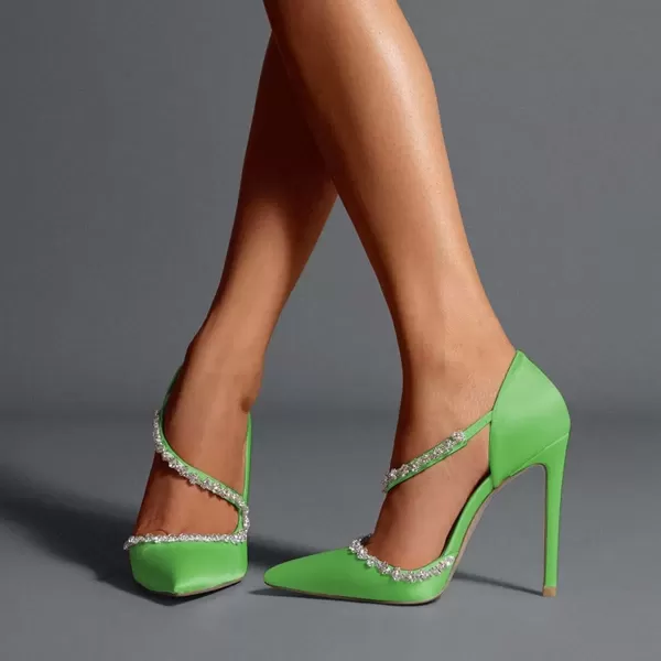 imageFSJ Women Sexy Rhinestone Cross Strap Dress High Heel Rivets Closed Pointed Toe Stiletto Sandals Satin DOrsay Slip On Wedding Party Pumps Size 415 USLight Green