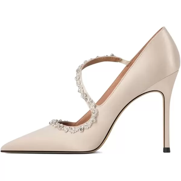 imageFSJ Women Sexy Rhinestone Cross Strap Dress High Heel Rivets Closed Pointed Toe Stiletto Sandals Satin DOrsay Slip On Wedding Party Pumps Size 415 USNude