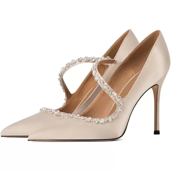 imageFSJ Women Sexy Rhinestone Cross Strap Dress High Heel Rivets Closed Pointed Toe Stiletto Sandals Satin DOrsay Slip On Wedding Party Pumps Size 415 USNude