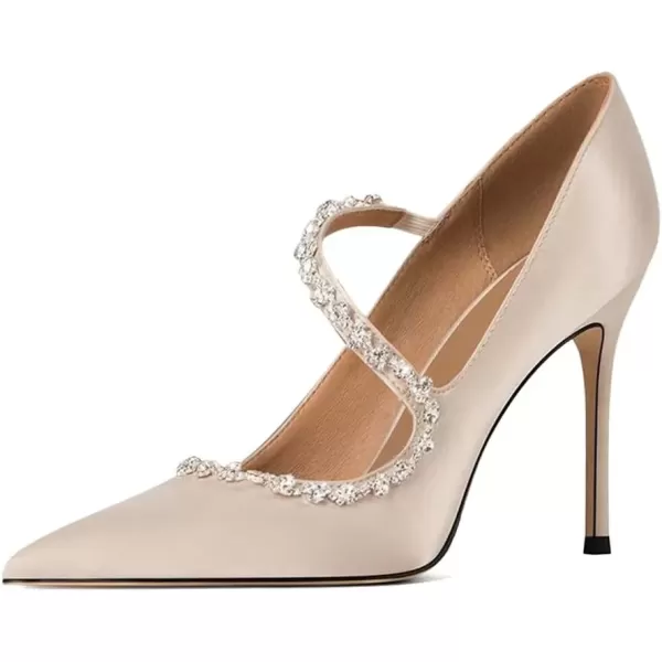 imageFSJ Women Sexy Rhinestone Cross Strap Dress High Heel Rivets Closed Pointed Toe Stiletto Sandals Satin DOrsay Slip On Wedding Party Pumps Size 415 USNude
