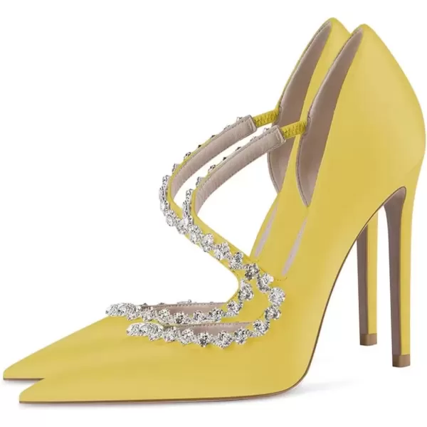 imageFSJ Women Sexy Rhinestone Cross Strap Dress High Heel Rivets Closed Pointed Toe Stiletto Sandals Satin DOrsay Slip On Wedding Party Pumps Size 415 USYellow