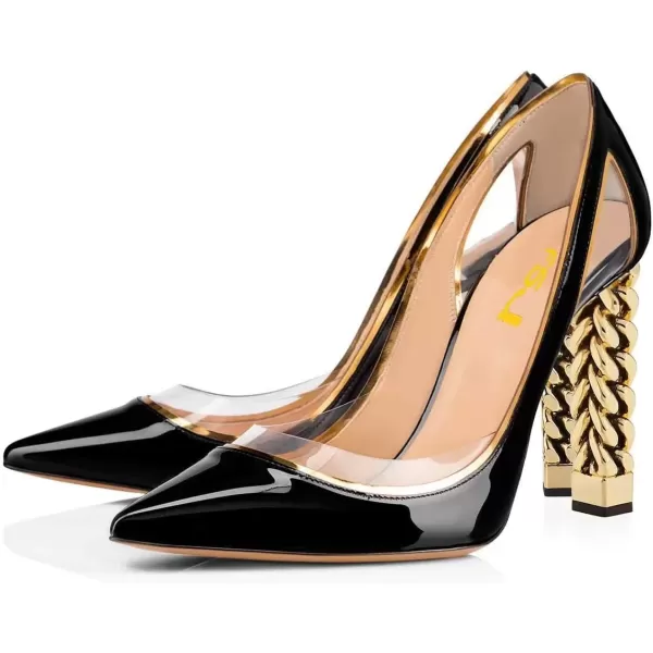imageFSJ Women Gold Metal Chain Chunky High Heel Pointed Toe Slip On Fashion Party Prom Pumps Prom Shoes Size 415 USBlack Clear