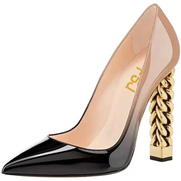 imageFSJ Women Gold Metal Chain Chunky High Heel Pointed Toe Slip On Fashion Party Prom Pumps Prom Shoes Size 415 USBlack Nude