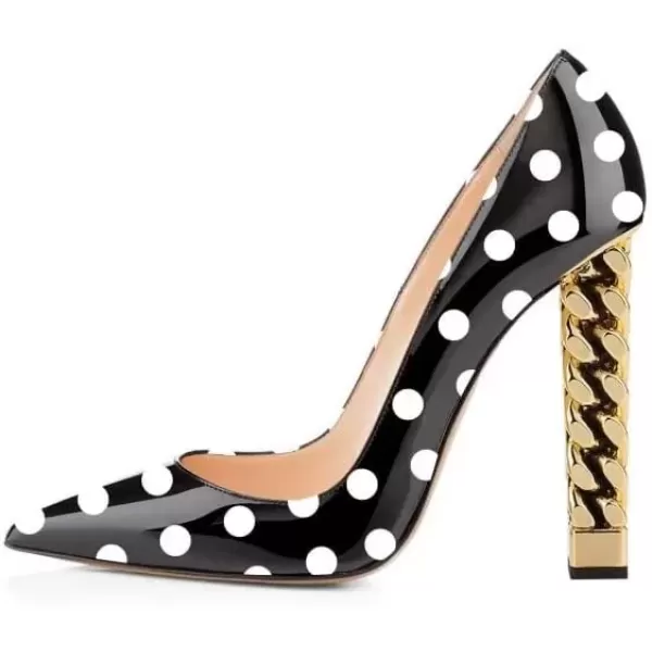 imageFSJ Women Gold Metal Chain Chunky High Heel Pointed Toe Slip On Fashion Party Prom Pumps Prom Shoes Size 415 USBlack Polka Dots