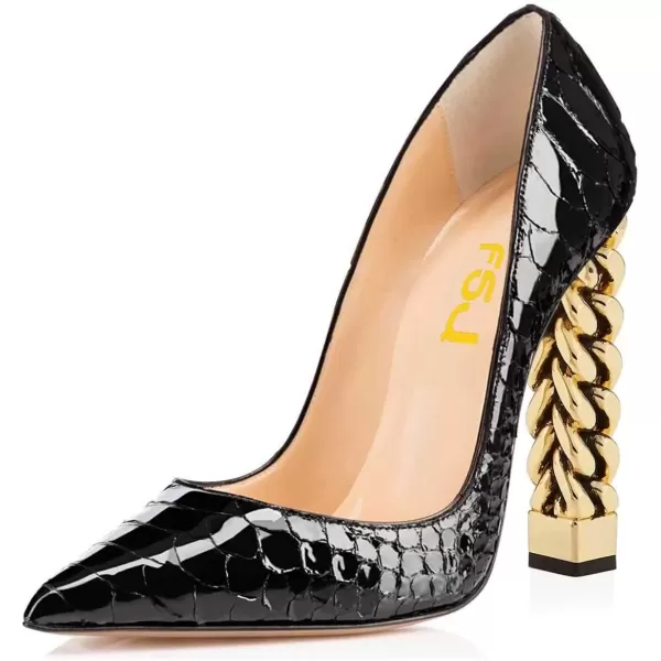 imageFSJ Women Gold Metal Chain Chunky High Heel Pointed Toe Slip On Fashion Party Prom Pumps Prom Shoes Size 415 USBlack Snake