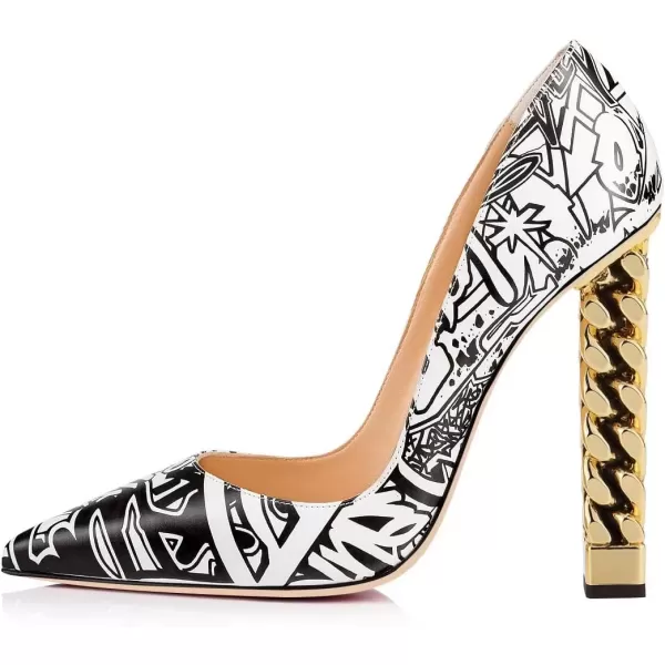 imageFSJ Women Gold Metal Chain Chunky High Heel Pointed Toe Slip On Fashion Party Prom Pumps Prom Shoes Size 415 USBlack White Graffiti