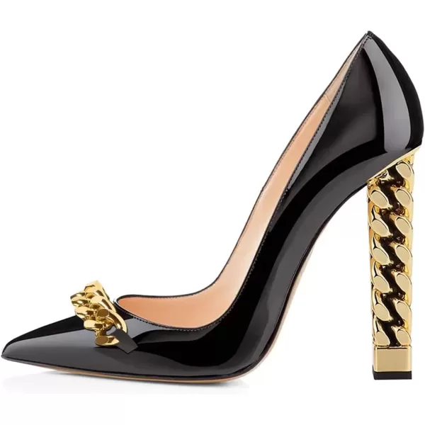 imageFSJ Women Gold Metal Chain Chunky High Heel Pointed Toe Slip On Fashion Party Prom Pumps Prom Shoes Size 415 USBlackpatent Chain