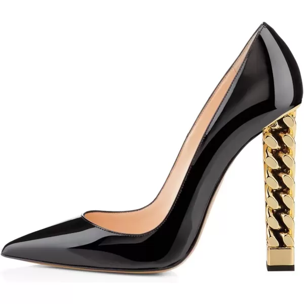 imageFSJ Women Gold Metal Chain Chunky High Heel Pointed Toe Slip On Fashion Party Prom Pumps Prom Shoes Size 415 USBlackpatent Leather