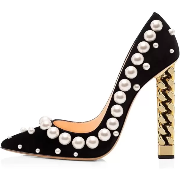 imageFSJ Women Gold Metal Chain Chunky High Heel Pointed Toe Slip On Fashion Party Prom Pumps Prom Shoes Size 415 USBlackpearl