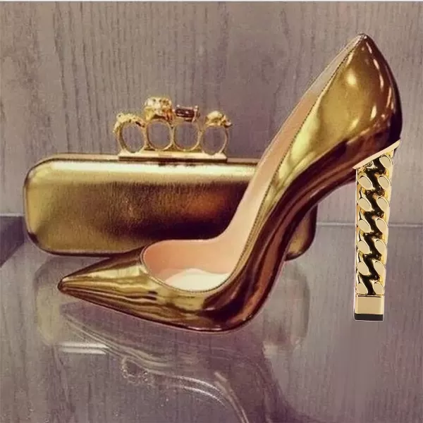 imageFSJ Women Gold Metal Chain Chunky High Heel Pointed Toe Slip On Fashion Party Prom Pumps Prom Shoes Size 415 USGold