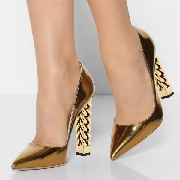 imageFSJ Women Gold Metal Chain Chunky High Heel Pointed Toe Slip On Fashion Party Prom Pumps Prom Shoes Size 415 USGold