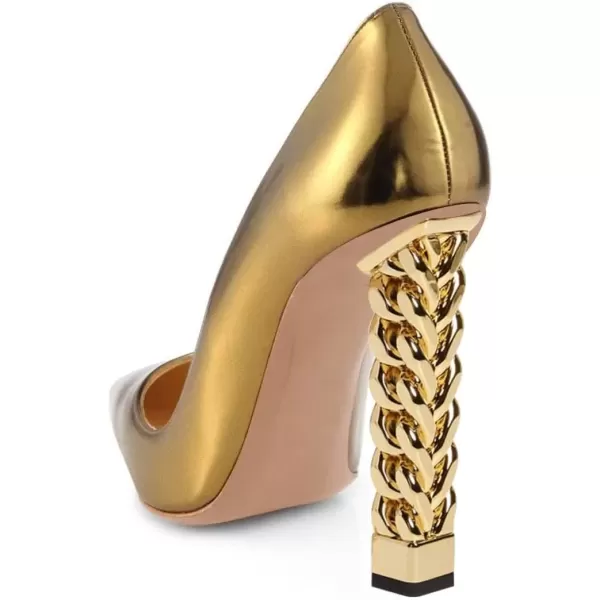 imageFSJ Women Gold Metal Chain Chunky High Heel Pointed Toe Slip On Fashion Party Prom Pumps Prom Shoes Size 415 USGold