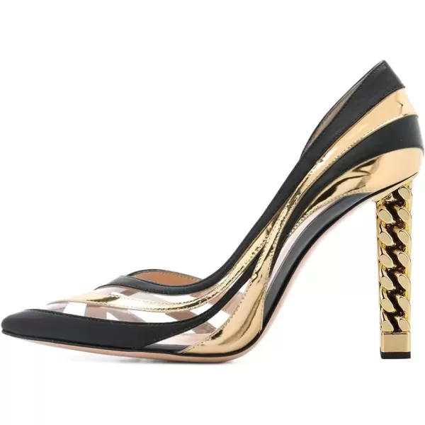 imageFSJ Women Gold Metal Chain Chunky High Heel Pointed Toe Slip On Fashion Party Prom Pumps Prom Shoes Size 415 USGold Clear