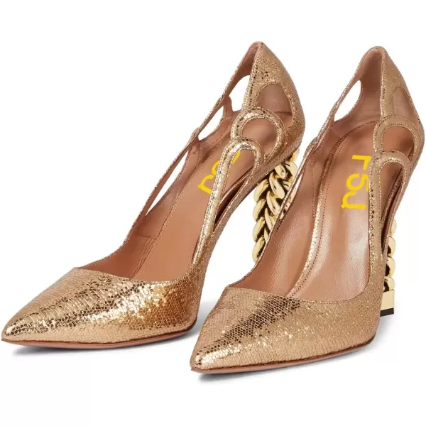 imageFSJ Women Gold Metal Chain Chunky High Heel Pointed Toe Slip On Fashion Party Prom Pumps Prom Shoes Size 415 USGold Sequins
