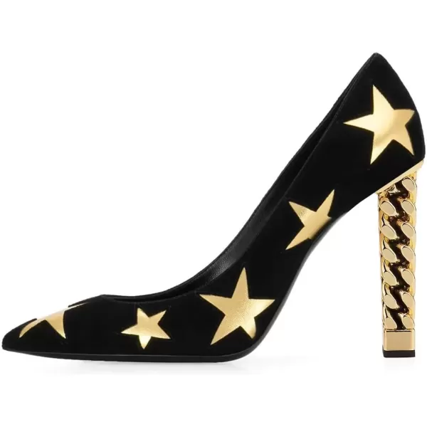 imageFSJ Women Gold Metal Chain Chunky High Heel Pointed Toe Slip On Fashion Party Prom Pumps Prom Shoes Size 415 USGold Stars