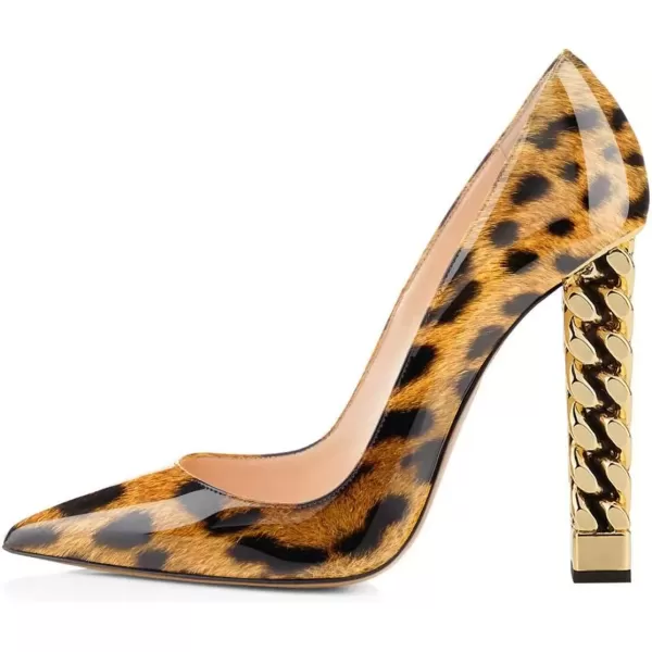 imageFSJ Women Gold Metal Chain Chunky High Heel Pointed Toe Slip On Fashion Party Prom Pumps Prom Shoes Size 415 USLeopard Patent