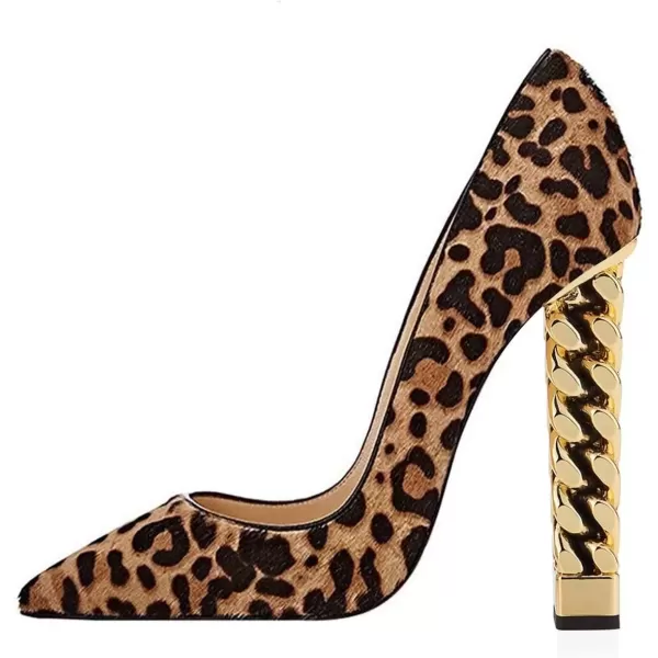 imageFSJ Women Gold Metal Chain Chunky High Heel Pointed Toe Slip On Fashion Party Prom Pumps Prom Shoes Size 415 USLeopard Suede