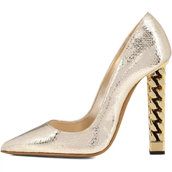 imageFSJ Women Gold Metal Chain Chunky High Heel Pointed Toe Slip On Fashion Party Prom Pumps Prom Shoes Size 415 USLight Gold