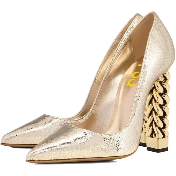 imageFSJ Women Gold Metal Chain Chunky High Heel Pointed Toe Slip On Fashion Party Prom Pumps Prom Shoes Size 415 USLight Gold