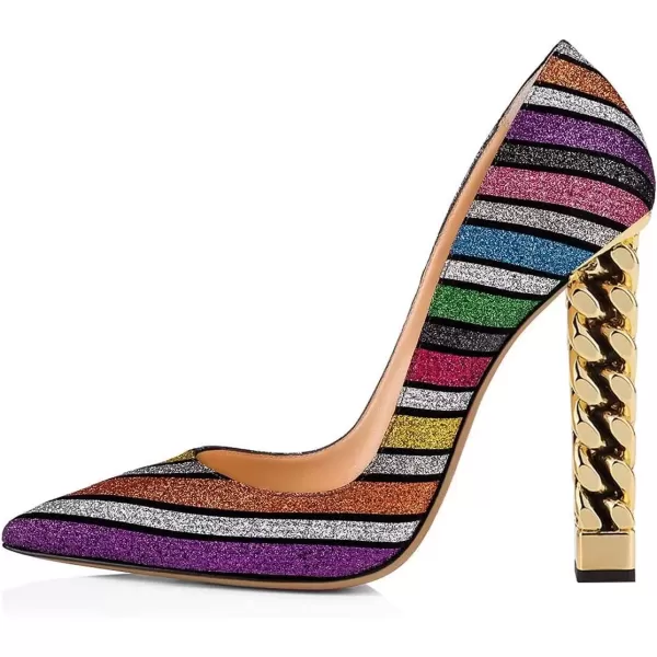 imageFSJ Women Gold Metal Chain Chunky High Heel Pointed Toe Slip On Fashion Party Prom Pumps Prom Shoes Size 415 USMulticolor Glitter
