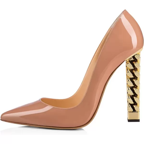 imageFSJ Women Gold Metal Chain Chunky High Heel Pointed Toe Slip On Fashion Party Prom Pumps Prom Shoes Size 415 USNude