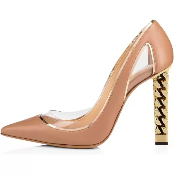imageFSJ Women Gold Metal Chain Chunky High Heel Pointed Toe Slip On Fashion Party Prom Pumps Prom Shoes Size 415 USNude Clear