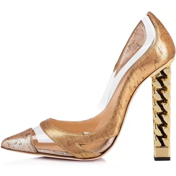 imageFSJ Women Gold Metal Chain Chunky High Heel Pointed Toe Slip On Fashion Party Prom Pumps Prom Shoes Size 415 USNude Gold