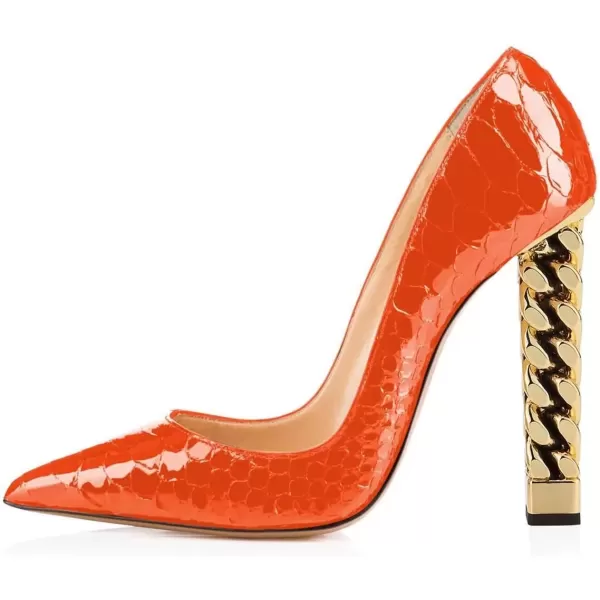 imageFSJ Women Gold Metal Chain Chunky High Heel Pointed Toe Slip On Fashion Party Prom Pumps Prom Shoes Size 415 USOrange Snake