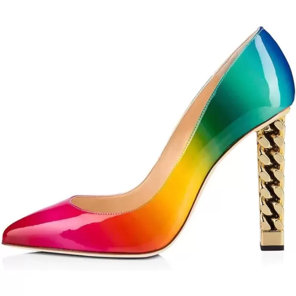 imageFSJ Women Gold Metal Chain Chunky High Heel Pointed Toe Slip On Fashion Party Prom Pumps Prom Shoes Size 415 USRainbow Patent