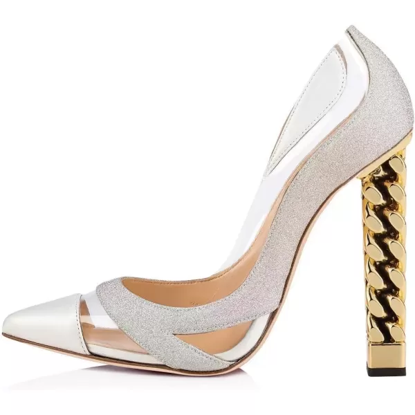 imageFSJ Women Gold Metal Chain Chunky High Heel Pointed Toe Slip On Fashion Party Prom Pumps Prom Shoes Size 415 USWhite Glitter