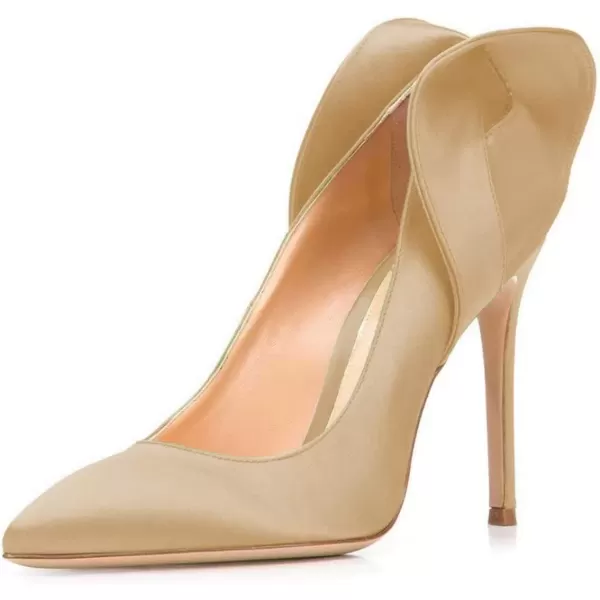 imageFSJ Women Retro Pointed Toe Slip on Comfort High Thin Heel Satin Pumps Stiletto Dress Office Party Shoes Size 415 M USKhaki