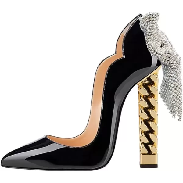 imageFSJ Women Sexy Gold Chunky Heel Pointed Toe Block High Heel Pumps Slip On Elegant Wedding Party Shoes Size 415 USBlack Bow