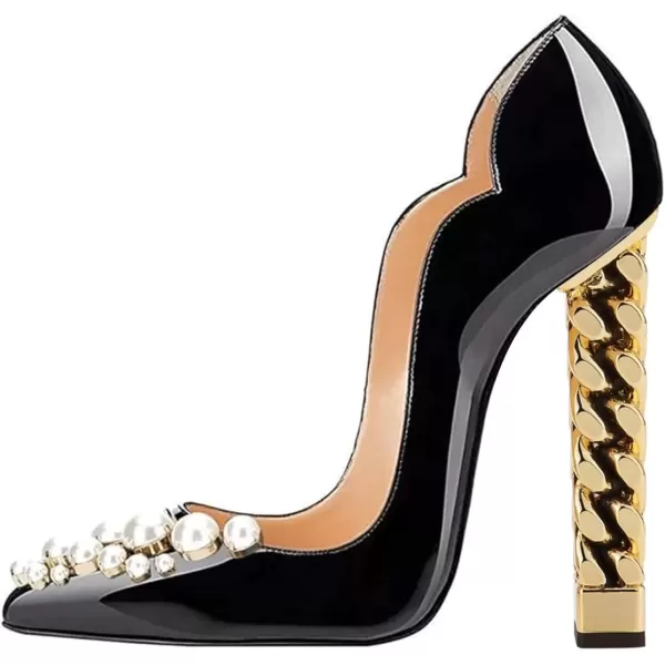 imageFSJ Women Sexy Gold Chunky Heel Pointed Toe Block High Heel Pumps Slip On Elegant Wedding Party Shoes Size 415 USBlack Pearls