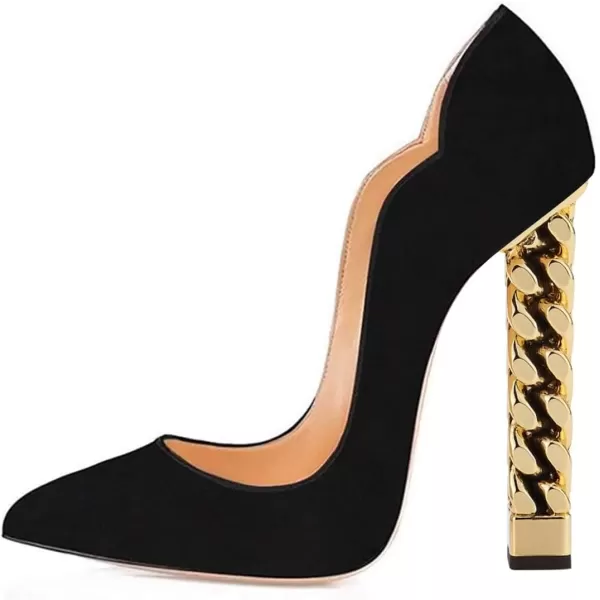 imageFSJ Women Sexy Gold Chunky Heel Pointed Toe Block High Heel Pumps Slip On Elegant Wedding Party Shoes Size 415 USBlack Suede