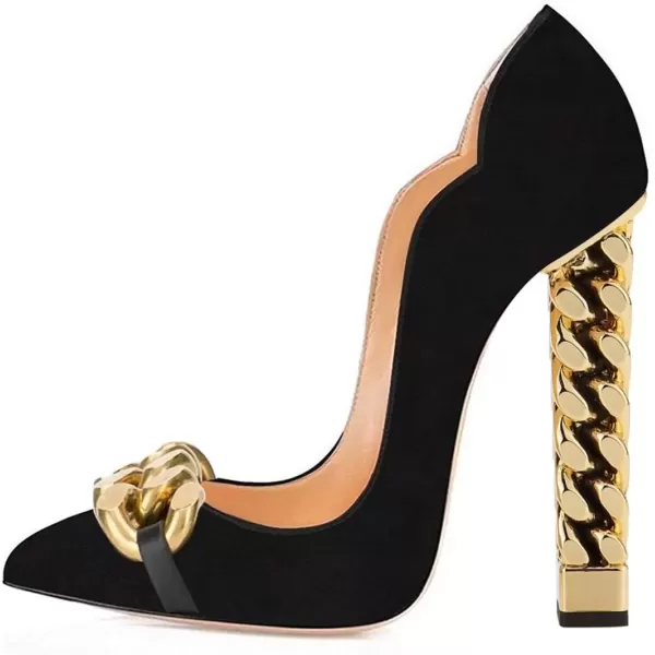 imageFSJ Women Sexy Gold Chunky Heel Pointed Toe Block High Heel Pumps Slip On Elegant Wedding Party Shoes Size 415 USBlack Suede Chain