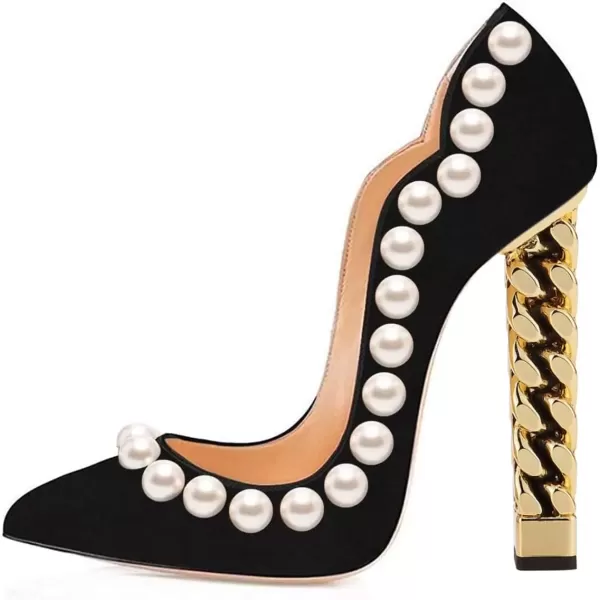 imageFSJ Women Sexy Gold Chunky Heel Pointed Toe Block High Heel Pumps Slip On Elegant Wedding Party Shoes Size 415 USBlack Suede Pearl