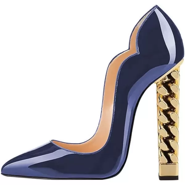 imageFSJ Women Sexy Gold Chunky Heel Pointed Toe Block High Heel Pumps Slip On Elegant Wedding Party Shoes Size 415 USBlue