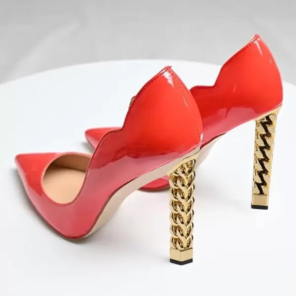 imageFSJ Women Sexy Gold Chunky Heel Pointed Toe Block High Heel Pumps Slip On Elegant Wedding Party Shoes Size 415 USBright Red